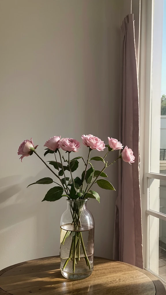 photo of pink flowers in a vase from afar 