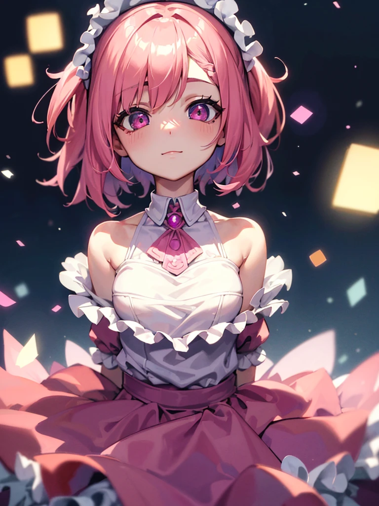 1girl, portrait, loli anime girl with short pink hair wearing maid outfit, pink hair with few pieces of blue hair, pink eyes, close up face, detailed eyes, detailed hair, emotional lovely happy expression, crystal glowing eyes, cinematic lighting, extremely detailed body, face, clothes, (best quality,4k,8k,highres,masterpiece:1.2),ultra HD, masterpiece, very very anime style, bokeh, starry shining lighting, original characters