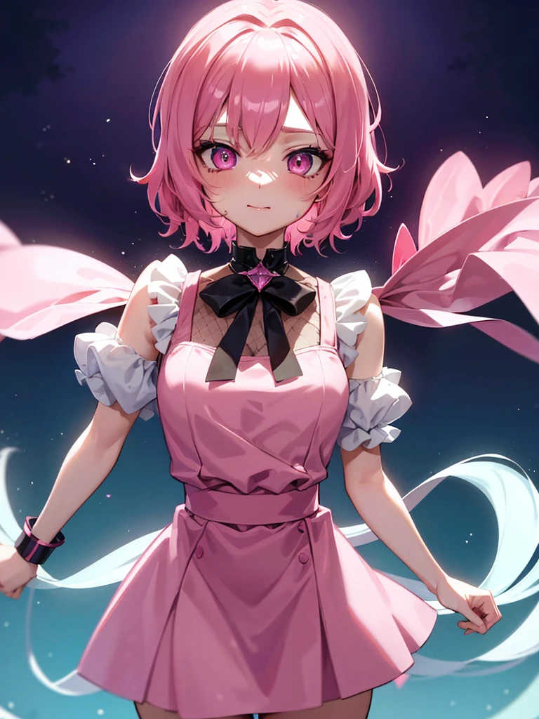 1girl, portrait, loli anime girl with short pink hair wearing maid outfit, pink hair with few pieces of blue hair, pink eyes, close up face, detailed eyes, detailed hair, emotional lovely happy expression, crystal glowing eyes, cinematic lighting, extremely detailed body, face, clothes, (best quality,4k,8k,highres,masterpiece:1.2),ultra HD, masterpiece, very very anime style, bokeh, starry shining lighting, original characters