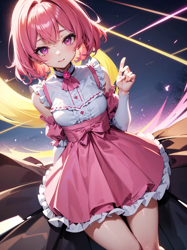 1girl, portrait, loli anime girl with short pink hair wearing maid outfit, pink hair with few pieces of blue hair, pink eyes, close up face, detailed eyes, detailed hair, emotional lovely happy expression, crystal glowing eyes, cinematic lighting, extremely detailed body, face, clothes, (best quality,4k,8k,highres,masterpiece:1.2),ultra HD, masterpiece, very very anime style, bokeh, starry shining lighting, original characters