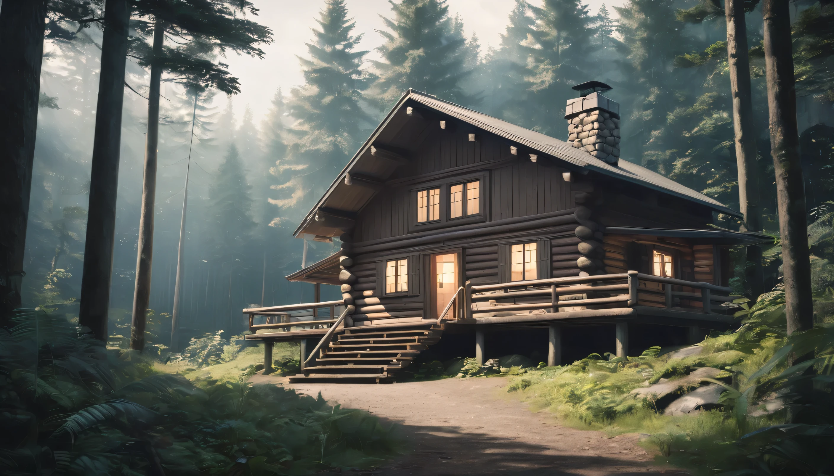 a cozy log cabin deep in a dark, tranquil forest, anime style, seen from afar, long eyelashes, cinematic lighting, muted color palette, (best quality,4k,8k,highres,masterpiece:1.2),ultra-detailed,(realistic,photorealistic,photo-realistic:1.37)