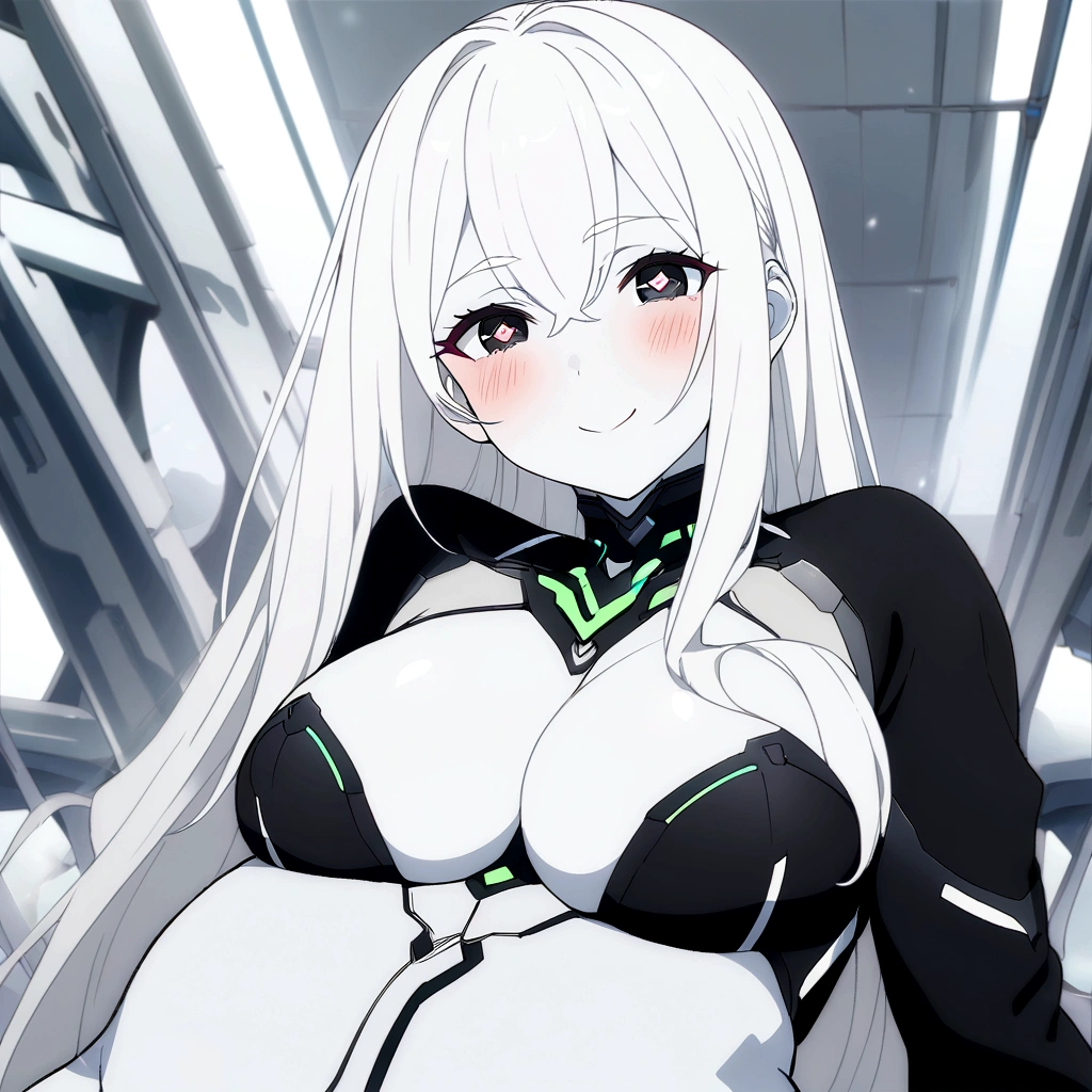 Masterpiece, High quality, High quality of art, anime lineart, 1girl,white hair, black eyes, white eyebrow, red eyeshadow, Tall, black cyber clothers, light gray cyber pants, big hips, big chest, very blush, white hearts in eyes, in future base, looking at viewer, smile, white skin, white hearts in eyes 