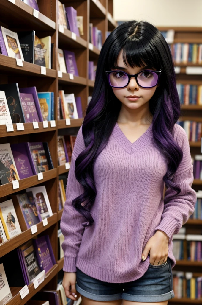 blythe doll black hair in short layers and purple glasses, who is in a bookstore