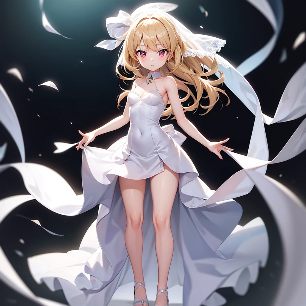 (((White Wedding Dress))), ((Bellline)),In a naughty way,Cute little loli,Tiny Lori,Small girl,,Childish face, Very fine clean face,Top quality, Big eyes,Straight Hair,Yellow hair,Crimson Eye,(Dark Room), Subtle light, Natural light,Soft lighting,Light from directly behind, (Are standing), Cute pose, (Open your hands), Showing the whole body,Front view,Black background