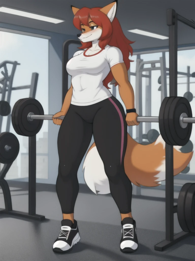 Furry, fox, female, white shirt, black leggings, shoes, gym, teen, standing, full body