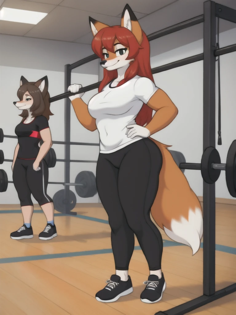 Furry, fox, female, white shirt, black leggings, shoes, gym, teen, standing, full body