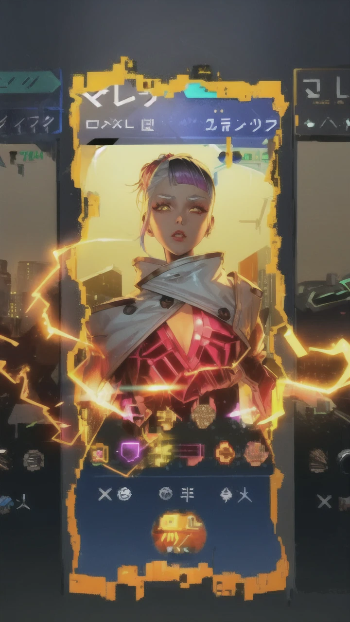 lucy \(cyberpunk\), 1girl,  hair scrunchie, hime cut, silver hair, colored tips, full moon, grey eyes, jacket, long sleeves, looking at viewer, medium hair, multicolored hair, parted bangs, parted lips, pink hair, portrait, red eyeliner, red lips, solo, white jacket, cyberpunk \(series\), rainy night in a cyberpunk city with glowing neon lights

 