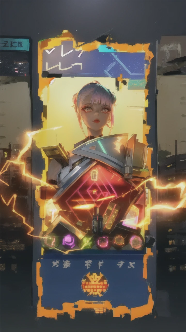 lucy \(cyberpunk\), 1girl,  hair scrunchie, hime cut, silver hair, colored tips, full moon, grey eyes, jacket, long sleeves, looking at viewer, medium hair, multicolored hair, parted bangs, parted lips, pink hair, portrait, red eyeliner, red lips, solo, white jacket, cyberpunk \(series\), rainy night in a cyberpunk city with glowing neon lights

 
