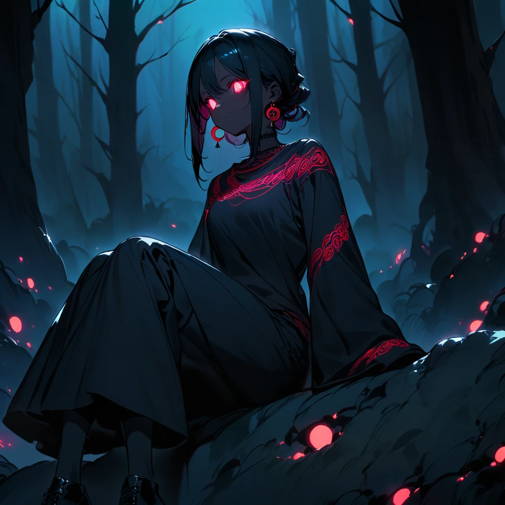 (well done:1)woman, completely dark skin, black spirals all over her body, long straight black hair, black cross earrings, completely white glowing eyes, black long-sleeved t-shirt with white spirals, black pants, black shoes. sitting on a rock in a forest