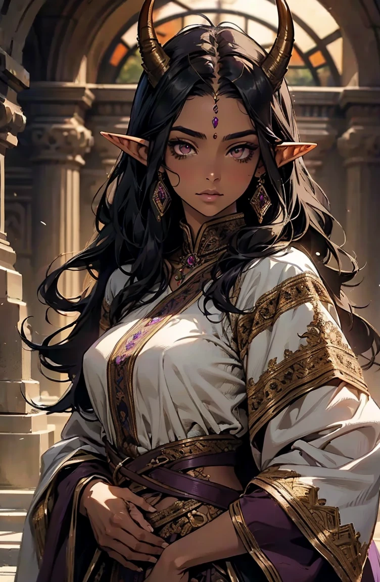 brown skin, older woman, sexy, tall, brown skin, girl with wing, black hair, elf, elf ears, horns, dark clothing, purple clothing