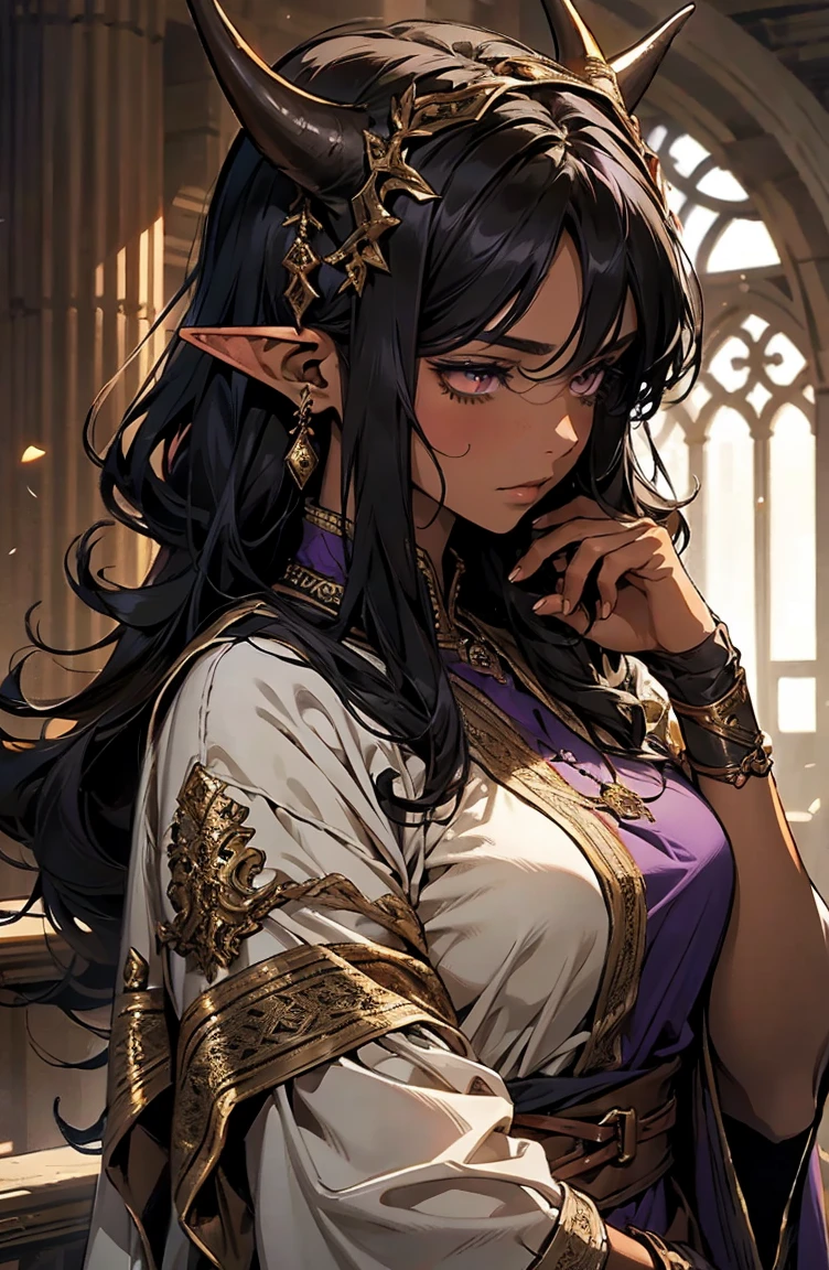 brown skin, older woman, sexy, tall, brown skin, girl with wing, black hair, elf, elf ears, horns, dark clothing, purple clothing