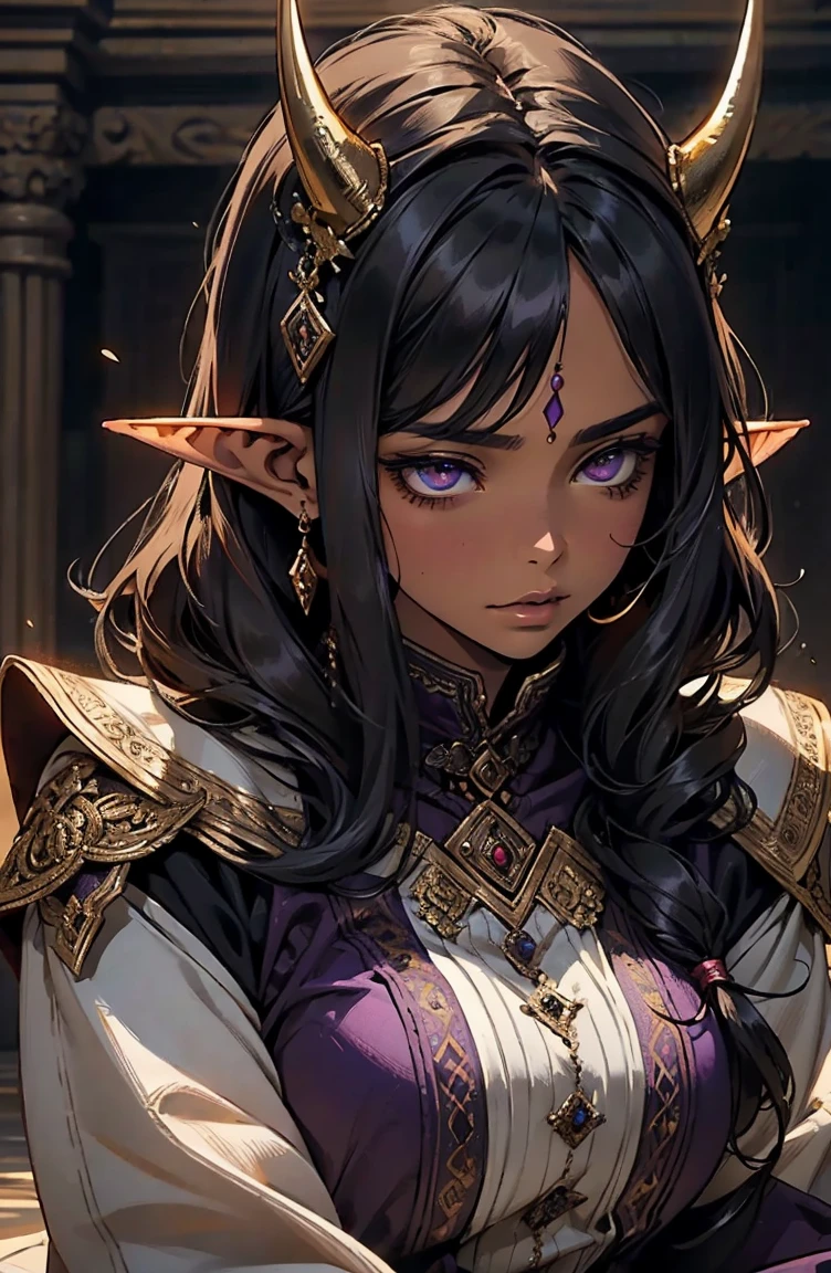 brown skin, older woman, sexy, tall, brown skin, girl with wing, black hair, elf, elf ears, horns, dark clothing, purple clothing