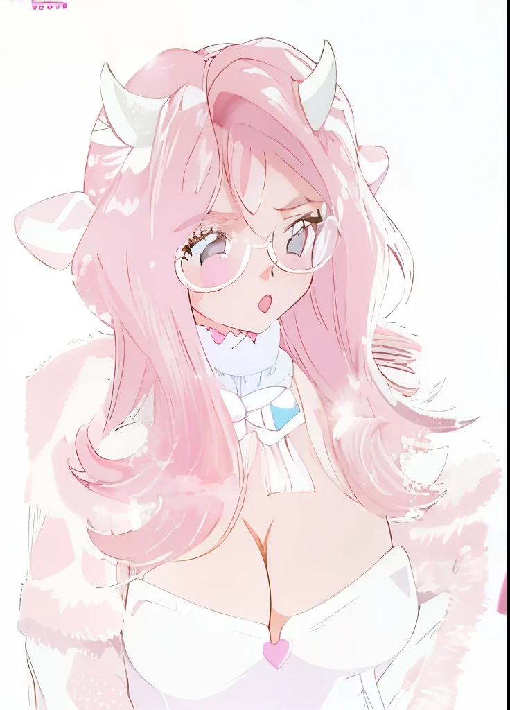 IMVU, pink hair, pink heart eyes, white round glasses, pale skin, white and pink cow ears, white horns with pink bows, fuzzy white jacket with pink spots, pink cowbell choker, kawaii, soft, high quality, masterpiece, 8k