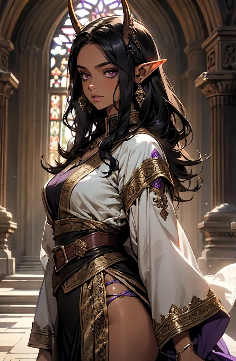brown skin, older woman, sexy, tall, brown skin, girl with wing, black hair, elf, elf ears, horns, dark clothing, purple clothing
