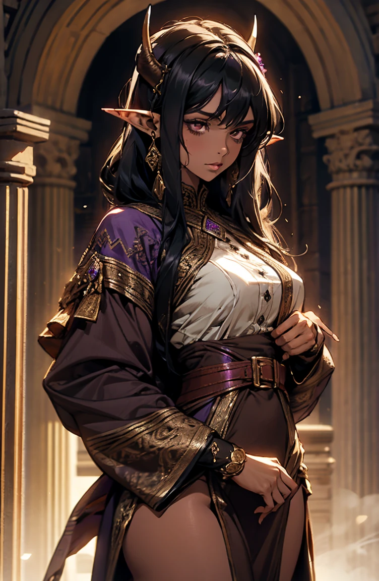 brown skin, older woman, sexy, tall, brown skin, girl with wing, black hair, elf, elf ears, horns, dark clothing, purple clothing