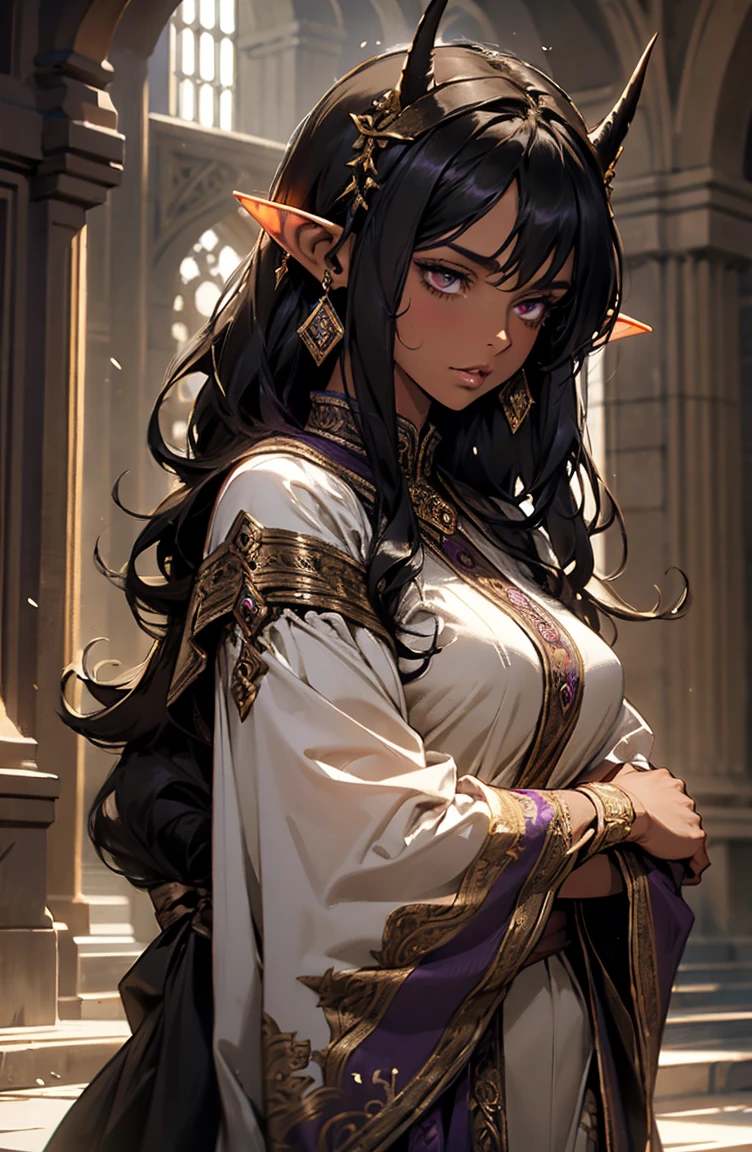 brown skin, older woman, sexy, tall, brown skin, girl with wing, black hair, elf, elf ears, horns, dark clothing, purple clothing