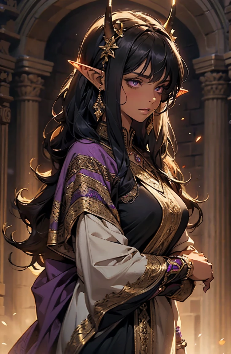 brown skin, older woman, sexy, tall, brown skin, girl with wing, black hair, elf, elf ears, horns, dark clothing, purple clothing