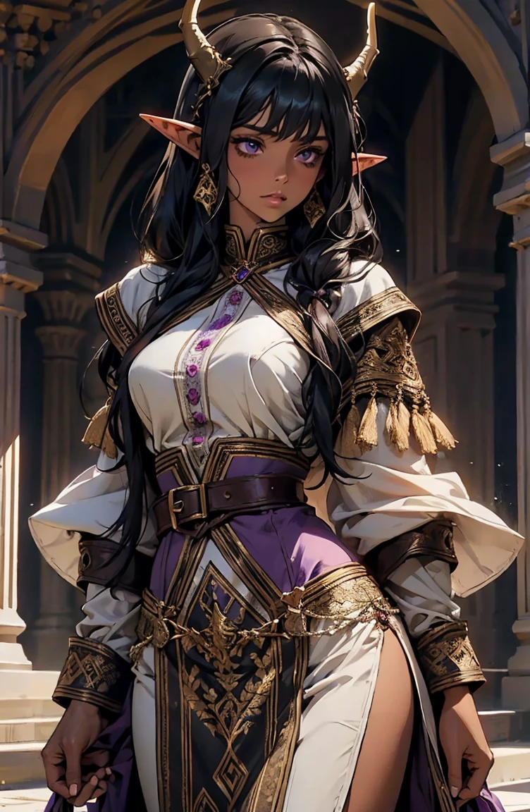 brown skin, older woman, sexy, tall, brown skin, girl with wing, black hair, elf, elf ears, horns, dark clothing, purple clothing