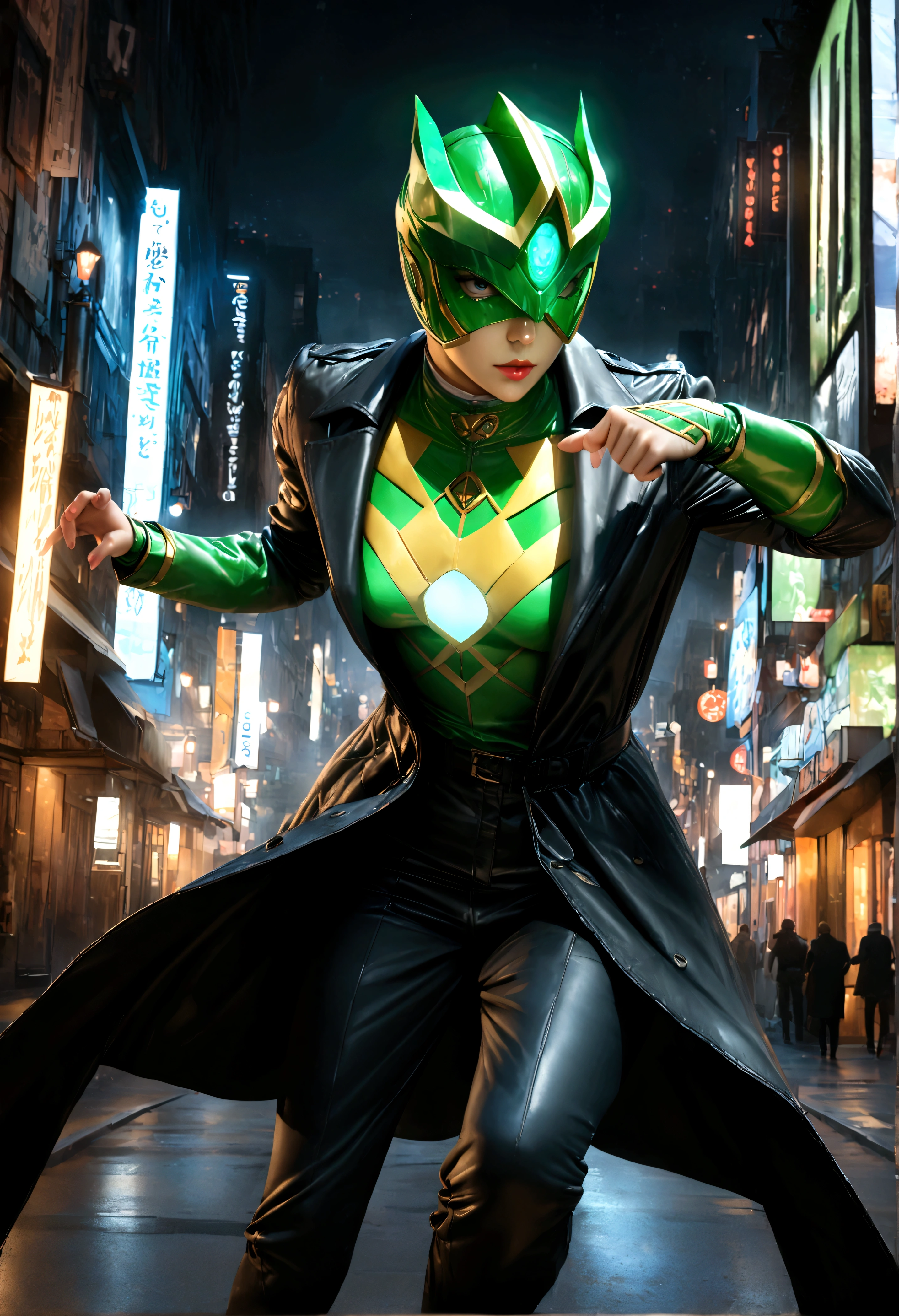 a green power ranger in a black trench coat, detailed face and costume, photorealistic, ultra-detailed, 8k, best quality, masterpiece, cinematic lighting, dramatic pose, city street background