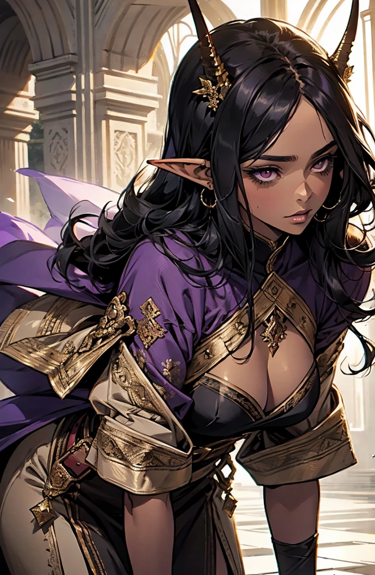 brown skin, older woman, sexy, tall, brown skin, girl with wing, black hair, elf, elf ears, horns, dark clothing, purple clothing