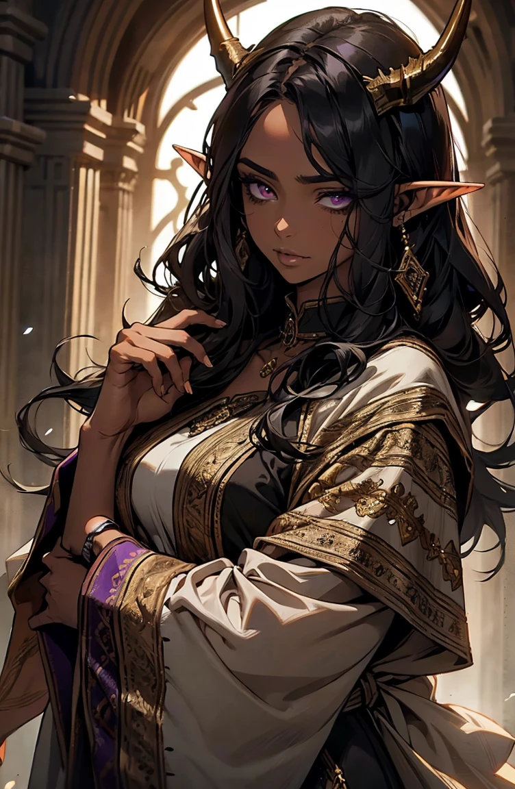 brown skin, older woman, sexy, tall, brown skin, girl with wing, black hair, elf, elf ears, horns, dark clothing, purple clothing