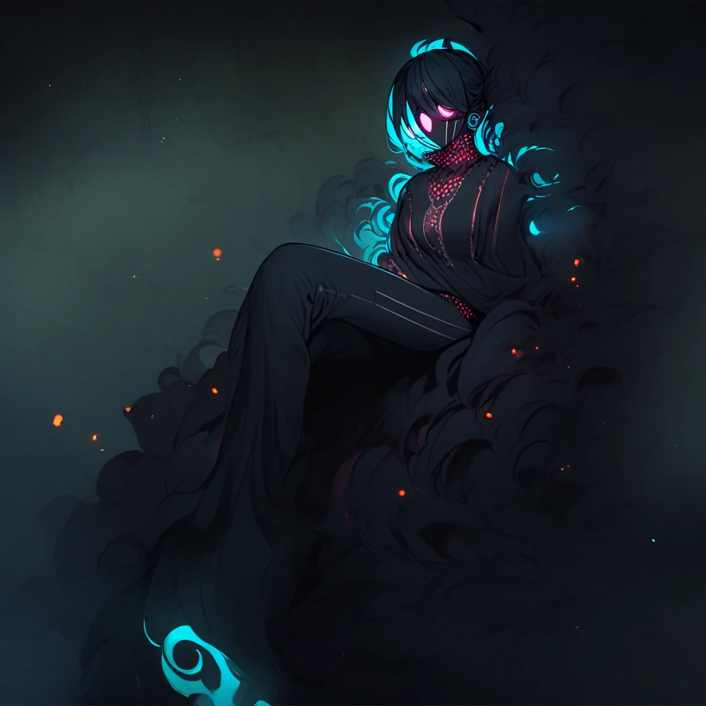 (well done:1)woman, completely dark skin, black spirals all over her body, long straight black hair, black cross earrings, completely white glowing eyes, black long-sleeved t-shirt with white spirals, black pants, black shoes.  sitting on a rock in a forest