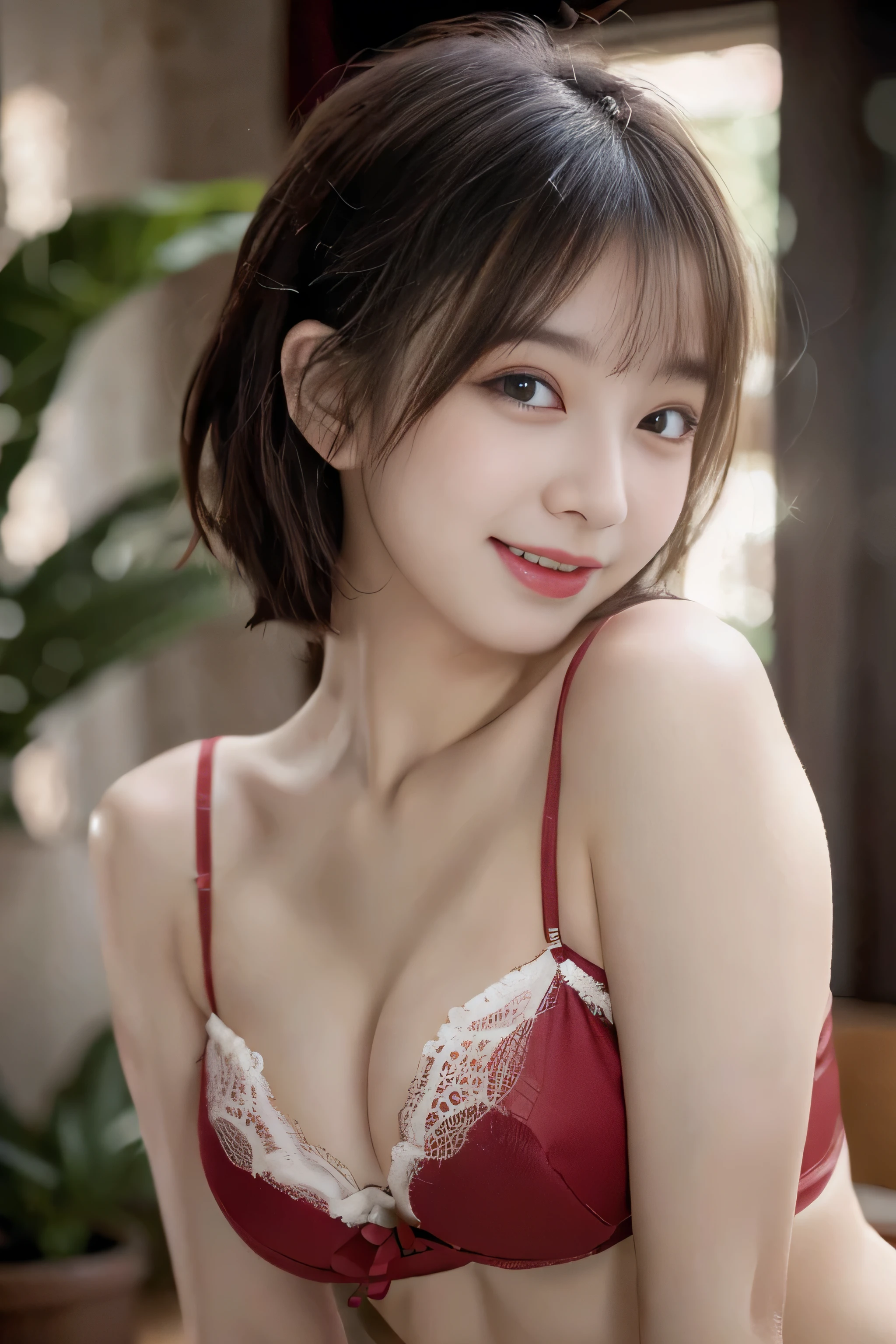 buzzer, Lustful, (Best Quality,4K, 8K, hight resolution, masutepiece:1.2), Ultra-detailed, (Realistic ,Photorealistic ,Photorealsitic:1.37), 1girl in, (Perfect body :1.2), Ultra-detailed face, Detailed lips, Detailed eyes, Sexy double eyelids, Beautiful detailed eyes, Beautiful detailed lips, sexy flirty pose, wearing Lingerie, Hi-Res, Cinematic Angle, Professional Lighting, Unity 8k Wallpaper, Aesthetic, masterpiece, top-quality, Shy laughter, (Large Breasts:1.5), (Slim Body:1.5), (white and red lingerie:1.5),(indoors:1.5)