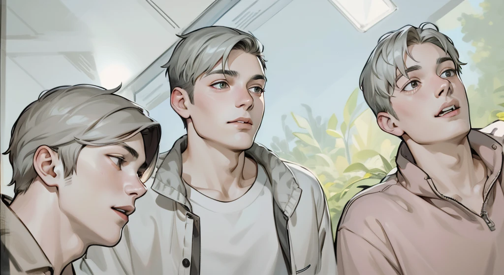 three 18 year old boys come up to look into someone&#39;s eyes, they talk, they laugh 