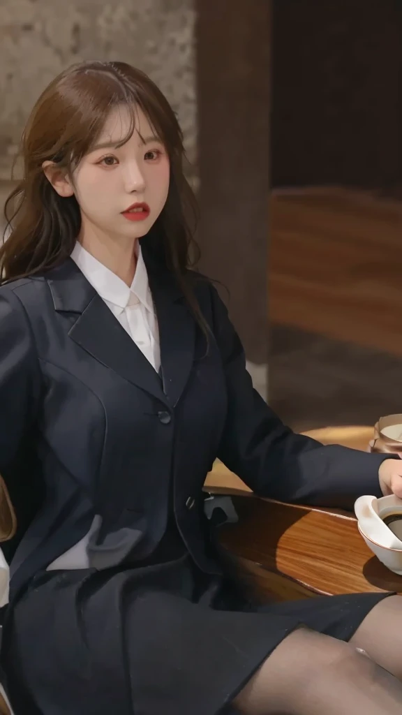 Sitting in a chair、coffee break、Black Suit、9:16 sizes、8K quality、Japanese