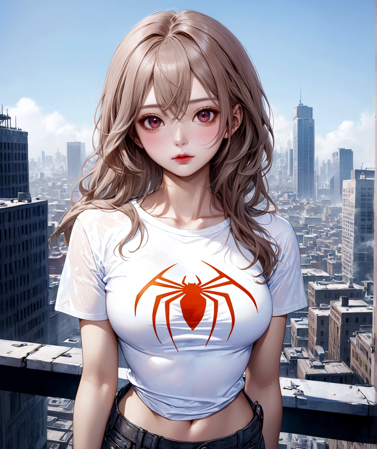 (1girl:1.3), Solo, (((Very detailed face)))), ((Very detailed eyes and face)))), Beautiful detail eyes, Body parts__, Official art, Unified 8k wallpaper, Super detailed, beautiful and beautiful, beautiful, masterpiece, best quality, original, masterpiece, super fine photo, best quality, super high resolution, realistic realism, sunlight, full body portrait, amazing beauty, dynamic pose, delicate face, vibrant eyes, (from the front), She wears Spider-Man suit, red and black color scheme, spider, very detailed city roof background, rooftop, overlooking the city, detailed face, detailed complex busy background, messy, gorgeous, milky white, highly detailed skin, realistic skin details, visible pores, clear focus, volumetric fog, 8k uhd, DSLR, high quality, film grain, fair skin, photo realism, lomography, futuristic dystopian megalopolis, translucent