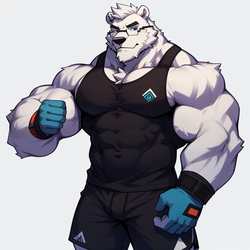 solo, 1boy, Huge Muscular White Polar Bear wearing glasses, huge white fur, pectoral, huge pectoral, wide pectoral, short white hair, blue colored short pants, blue colored wristbands and blue colored tank top, white bearded, white Mustache, white fur, simple background, masterpiece, high detailed, 8k, high resolution, at the gym, poses like Hercules and Zeus