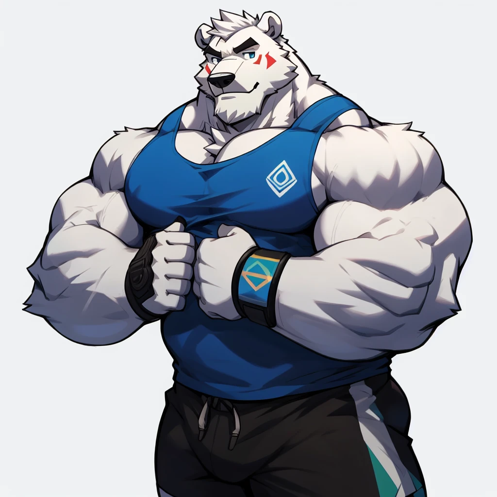 solo, 1boy, Huge Muscular White Polar Bear wearing glasses, huge white fur, pectoral, huge pectoral, wide pectoral, short white hair, blue colored short pants, blue colored wristbands and blue colored tank top, white bearded, white Mustache, white fur, simple background, masterpiece, high detailed, 8k, high resolution, at the gym, poses like Hercules and Zeus