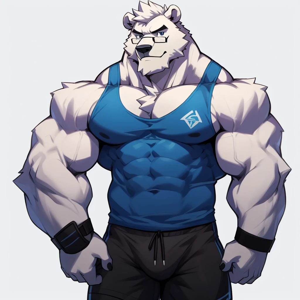 solo, 1boy, Huge Muscular White Polar Bear wearing glasses, huge white fur, pectoral, huge pectoral, wide pectoral, short white hair, blue colored short pants, blue colored wristbands and blue colored tank top, white bearded, white Mustache, white fur, simple background, masterpiece, high detailed, 8k, high resolution, at the gym, poses like Hercules and Zeus