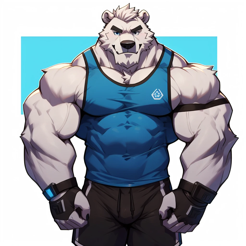 solo, 1boy, Huge Muscular White Polar Bear wearing glasses, huge white fur, pectoral, huge pectoral, wide pectoral, short white hair, blue colored short pants, blue colored wristbands and blue colored tank top, white bearded, white Mustache, white fur, simple background, masterpiece, high detailed, 8k, high resolution, at the gym, poses like Hercules and Zeus