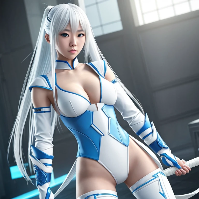 Korean girl, white long hair with bangs, icy blue eyes, white skin, white skimpy ninja suit, video game style, mortal kombat style