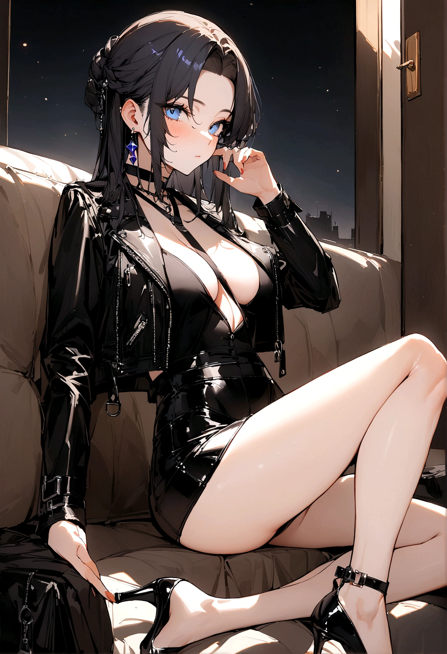 masterpiece, 最好of质量, 聪明of, 强of, of, 有着长长of卷曲金发of美丽女人, blue eyes, Black mini skirt, High heel, leather jacket