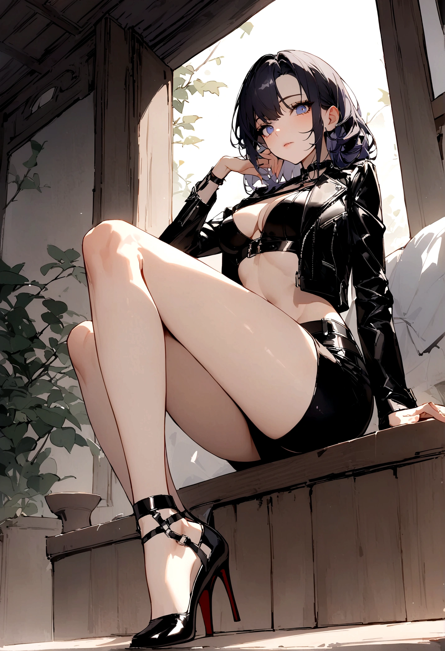 masterpiece, 最好of质量, 聪明of, 强of, of, 有着长长of卷曲金发of美丽女人, blue eyes, Black mini skirt, High heel, leather jacket