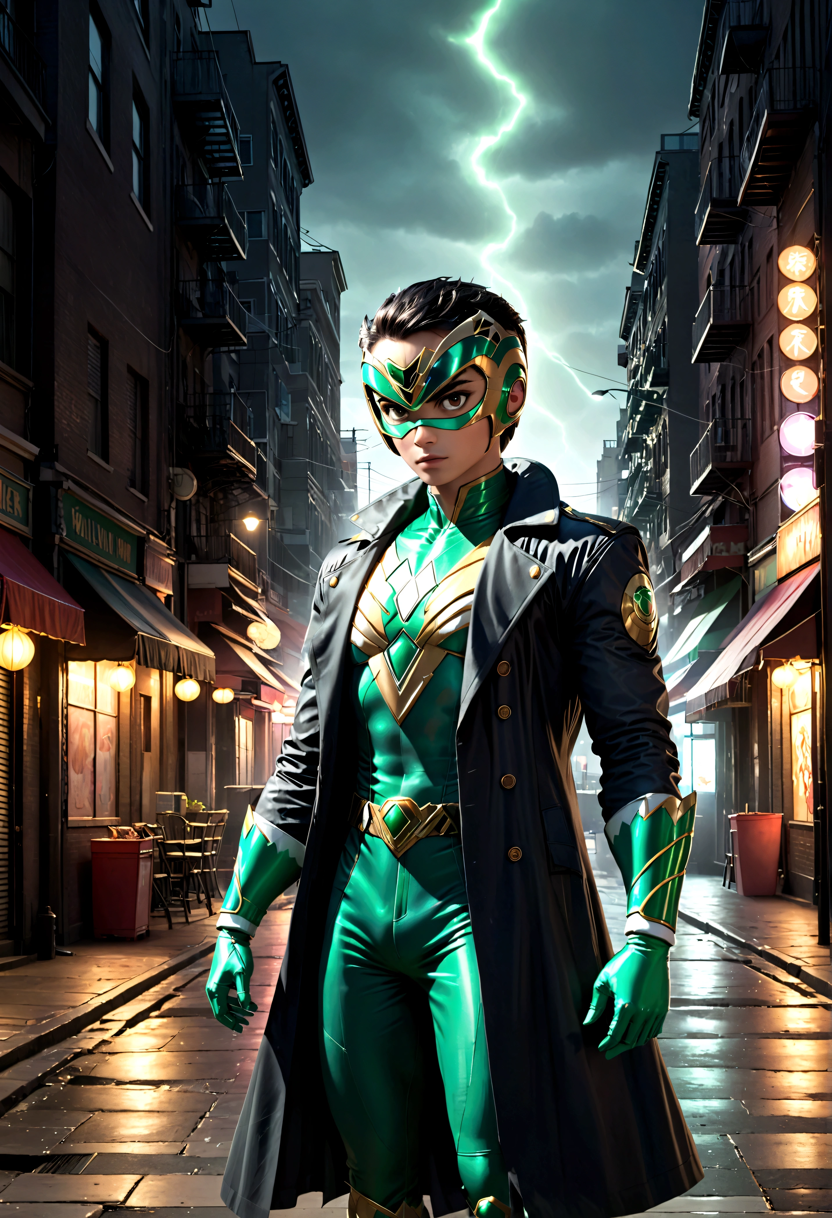 a green power ranger in a black trench coat, extremely detailed face and costume, photorealistic, ultra-detailed, 8k, best quality, masterpiece, cinematic dramatic lighting, heroic dynamic pose, detailed gritty urban city street background, moody atmosphere, hyper realistic, volumetric lighting, cinematic composition