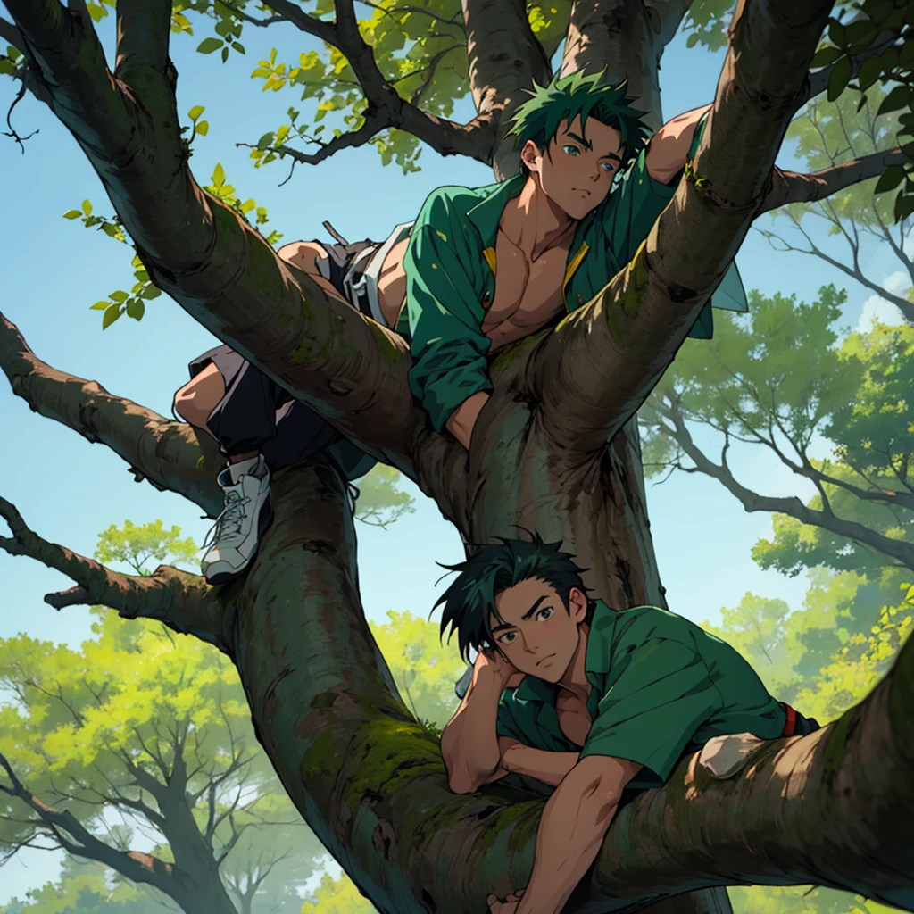 a 90s horror anime style dark green haired boy lying resting in a tree