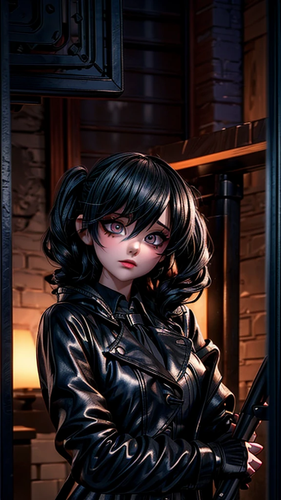 a girl in a black trenchcoat, playing bank robber with her friends, extremely detailed eyes and face, beautiful detailed lips, longeyelashes, 1girl, cinematic, dramatic lighting, dark and moody atmosphere, high contrast, rich colors, award winning photography, photorealistic, 8k, best quality, masterpiece