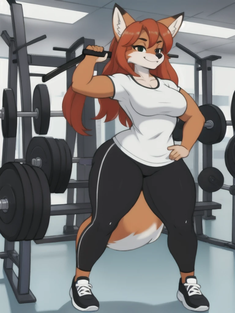 Furry, fox, female, white shirt, black leggings, shoes, gym, teen, standing, full body