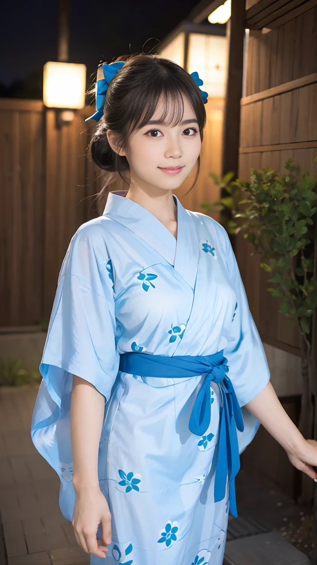 geta、Full Body、Beautiful yukata girl、 The background is a rural night Bon Odori dance、Hello Kitty patterned yukata