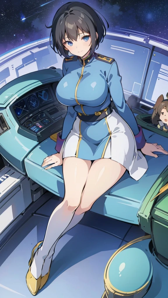 1 girl、Beautiful officer of the Earth Federation Army、short black hair，Idol-level cuteness、Accurately draw faces、Plump body，Huge breasts、Healthy Thigh Skirt Earth Federation Forces、knee height、Inside the cockpit of a space fighter、anatomically correct、Precise fingers、Photo realism，Sunlight，Smile，Smile