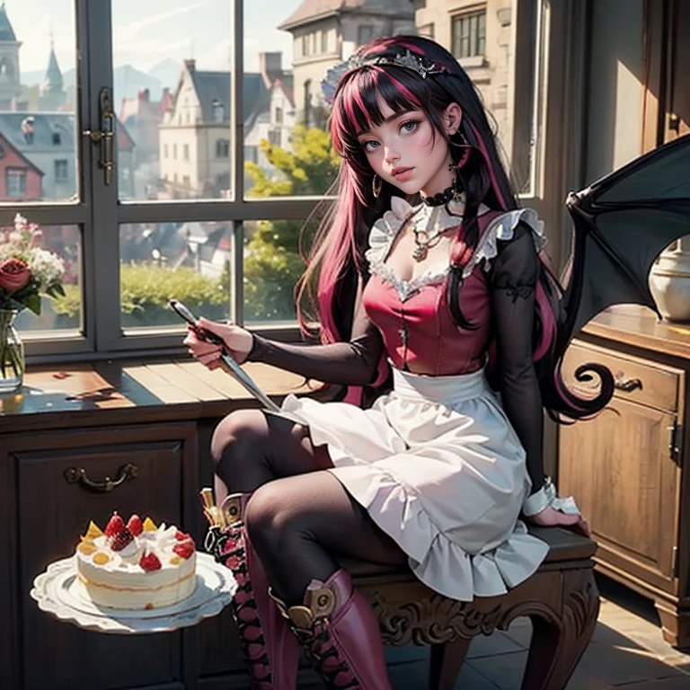 1 girl, a girl with bat wings, holding a pastry brush, succubus, bakery, a cake on focus, cake with strawberrys and red roses, bat choker, necklace, centered, solo, alone, bat jewelry, medieval castle scenery, Pink bat Jewelry, smile, vampire fangs, (looking at viewer), Draculaura_MH, wavy hair, Alone, half black hair, half pink hair, multicolored hair, long hair, braided hair, gothic scenery, medieval style, maid dress, white apron, maid apron, maid headdress, white skirt, solo, alone, centered, pink knee boots, smiling, in kitchen, kitchen, black lanterns, stand up close to window, depth of field, film composition, ((high quality)), ((artwork)), (More details), maid dress, black maid headdress, black maid apron, bat wings, white dress, black dress with transparency, pink laces, pink gloves, solo, alone, centered, black high socks , boots of high hills, bat jewel, jewel, sit on the grass, dark red roses in focus, Draculaura_(school of monsters), school of monsters, Looking at the viewer, alone, solo, centered, More details on the clothes,