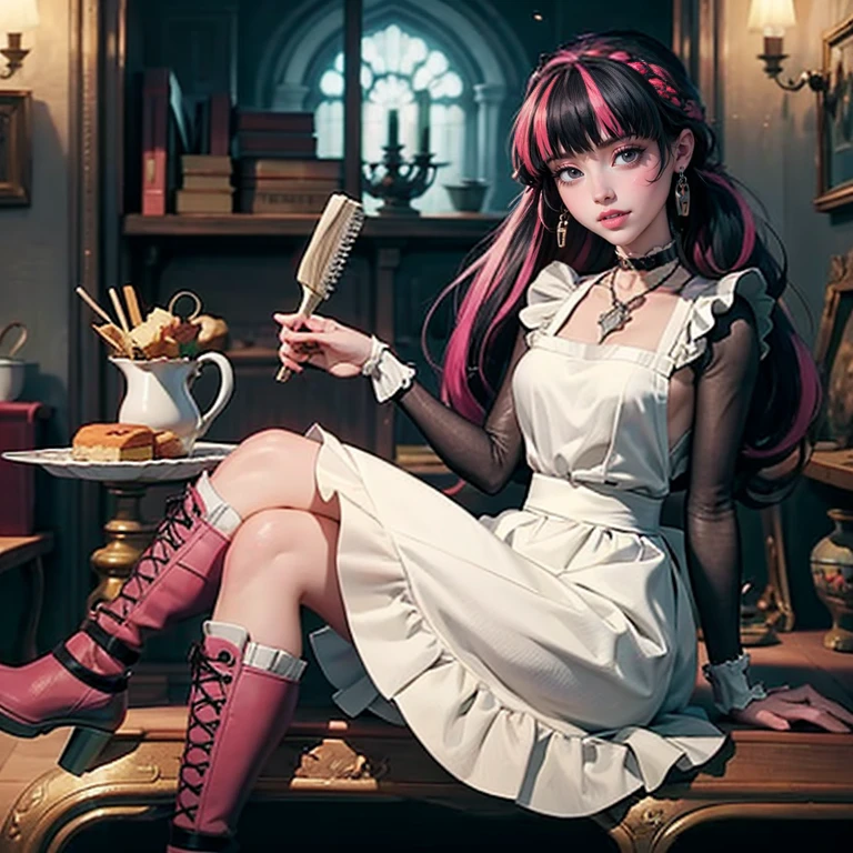 1 girl, a girl with bat wings, holding a pastry brush, succubus, bakery, a cake on focus, cake with strawberrys and red roses, bat choker, necklace, centered, solo, alone, bat jewelry, medieval castle scenery, Pink bat Jewelry, smile, vampire fangs, (looking at viewer), Draculaura_MH, wavy hair, Alone, half black hair, half pink hair, multicolored hair, long hair, braided hair, gothic scenery, medieval style, maid dress, white apron, maid apron, maid headdress, white skirt, solo, alone, centered, pink knee boots, smiling, in kitchen, kitchen, black lanterns, stand up close to window, depth of field, film composition, ((high quality)), ((artwork)), (More details), maid dress, black maid headdress, black maid apron, bat wings, white dress, black dress with transparency, pink laces, pink gloves, solo, alone, centered, black high socks , boots of high hills, bat jewel, jewel, sit on the grass, dark red roses in focus, Draculaura_(school of monsters), school of monsters, Looking at the viewer, alone, solo, centered, More details on the clothes,