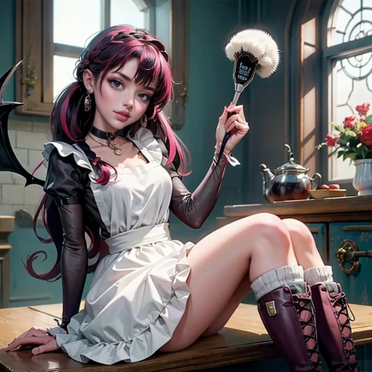 1 girl, a girl with bat wings, holding a pastry brush, succubus, bakery, a cake on focus, cake with strawberrys and red roses, bat choker, necklace, centered, solo, alone, bat jewelry, medieval castle scenery, Pink bat Jewelry, smile, vampire fangs, (looking at viewer), Draculaura_MH, wavy hair, Alone, half black hair, half pink hair, multicolored hair, long hair, braided hair, gothic scenery, medieval style, maid dress, white apron, maid apron, maid headdress, white skirt, solo, alone, centered, pink knee boots, smiling, in kitchen, kitchen, black lanterns, stand up close to window, depth of field, film composition, ((high quality)), ((artwork)), (More details), maid dress, black maid headdress, black maid apron, bat wings, white dress, black dress with transparency, pink laces, pink gloves, solo, alone, centered, black high socks , boots of high hills, bat jewel, jewel, sit on the grass, dark red roses in focus, Draculaura_(school of monsters), school of monsters, Looking at the viewer, alone, solo, centered, More details on the clothes,
