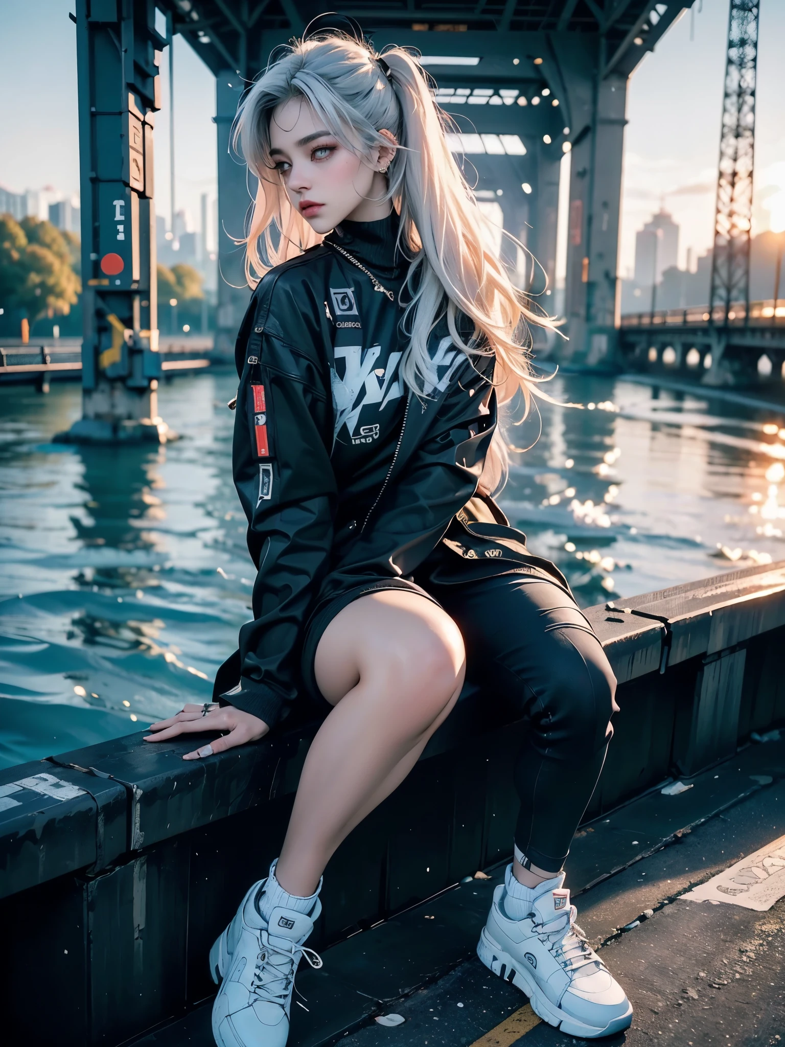 Profile, uma mulher usando apenas pantyrose e sutiã rosa e jaqueta preta, (((sitting on the edge of a bridge over the lake))), ela esta Profile, in black jacket, white hair, White sneakers, perfil, sutia, pantyrose, looking at the horizon to your left, Tuuli, sunset, art cyberpunk style, cyberpunk 2 0 years. oh model girl, hyper-realistic cyberpunk style, cyberpunk vibes, cyberpunk style, hyper realist, Beautiful girl, BIG ASS, (a low view focusing on the character and setting), (wide open field view), (low angle shot)