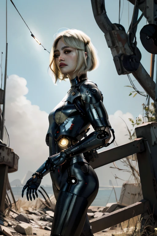 (robotskin), Ella Purnell, "Lucy" Fallout,, post-apocalypse, fog, light particles, (best quality, masterpiece, bokeh, highres), fallout 4, 1girl, blue vaultsuit, VaultGirl, blonde hair, narrowed eyes, short hair, without pipboy3000, leather armored, walking, holding gun, closed mouth, , lake, nuka cola, radiation symbol, more grainy
