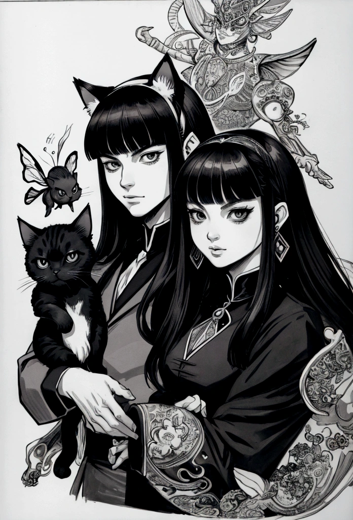 Line drawing in black ink in the manga style of a portrait of fantastic beings, cats, insects and fish mixed, all in the style of Giovanni Benini.