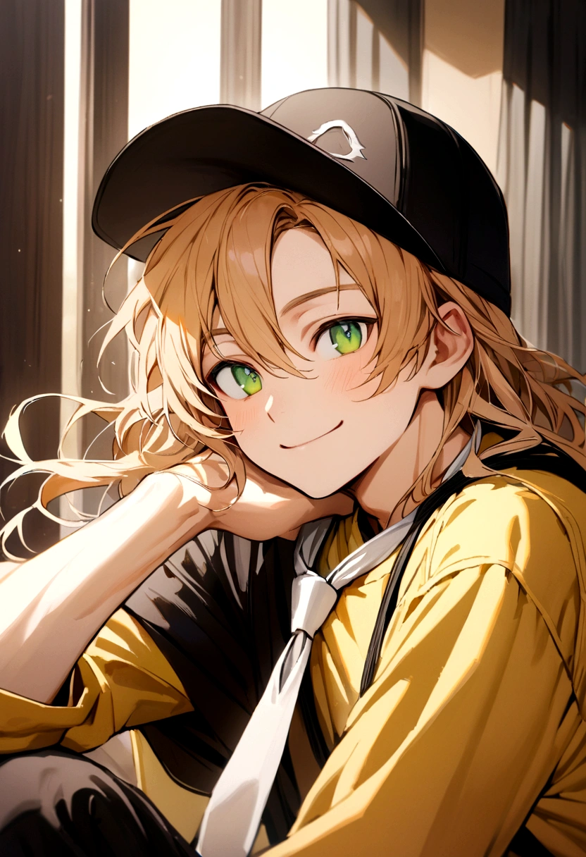 The boy had apricot hair, neck-length hair, green eyes, wearing a black baseball cap, yellow t-shirt, black long-sleeved shirt inside, and a white tie around his waist, smile
